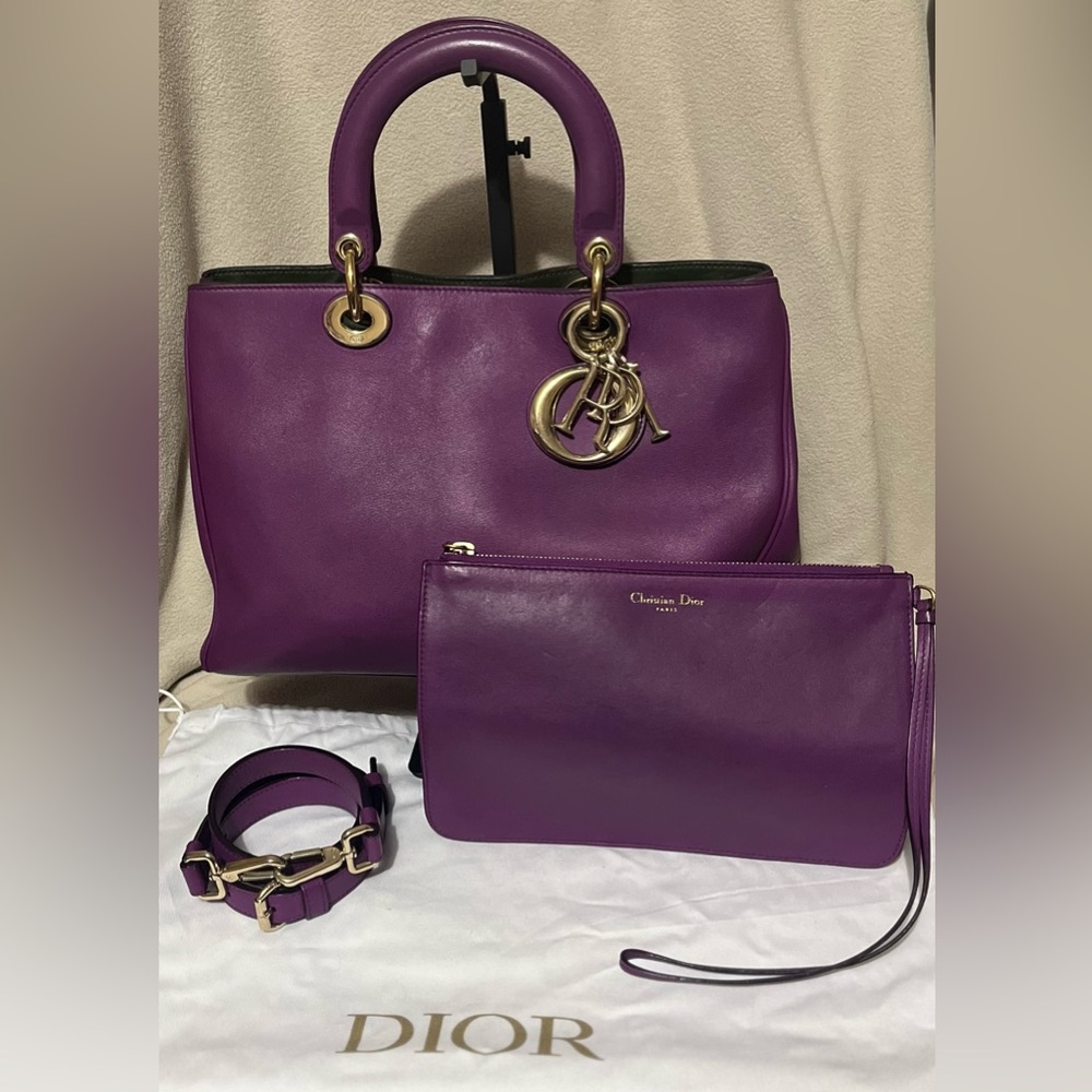 Dior Diorissimo Purple All Leather Handheld Crossbody Bag, Matching Pouch & COA